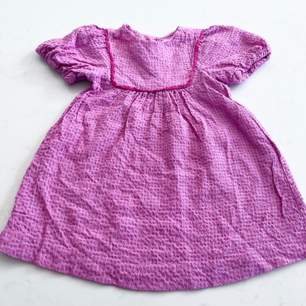 Zara Girls Hot Pink Crinkled Puff Short Sleeve Lace Trim Dress size 2-3